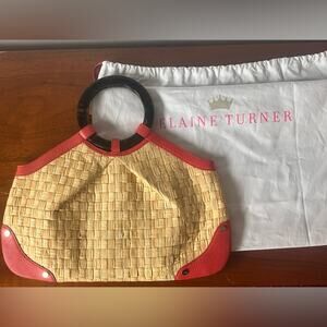 Designer Elaine Turner Banana Leaf Woven Tortoise Shell Top Handle Coral…